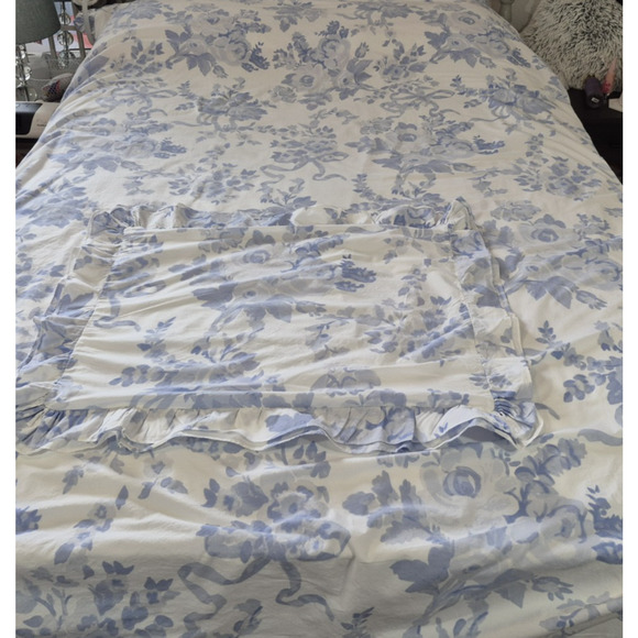 Pottery Barn LoveShack Fancy Ruffle Damask Blue White Twin Duvet Cover Sham Set - Picture 3 of 7